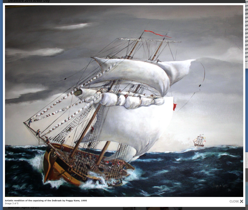 Artistic rendition of the capsizing of the DeBraak by Peggy Kane, 1990.